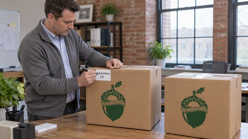 Employee destination labeling An employee labels sealed desk cartons for destination D8
