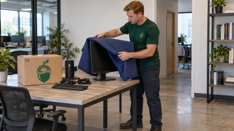 Equipment and accessories remain identifiable A mover protects a powered-off monitor beside its grouped workstation accessories