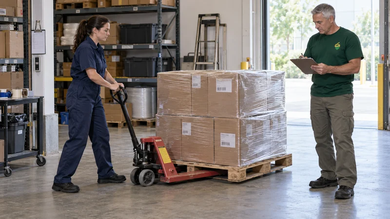Customer loads suitable palletized stock A customer employee operates a pallet jack while the transport driver checks the shipment