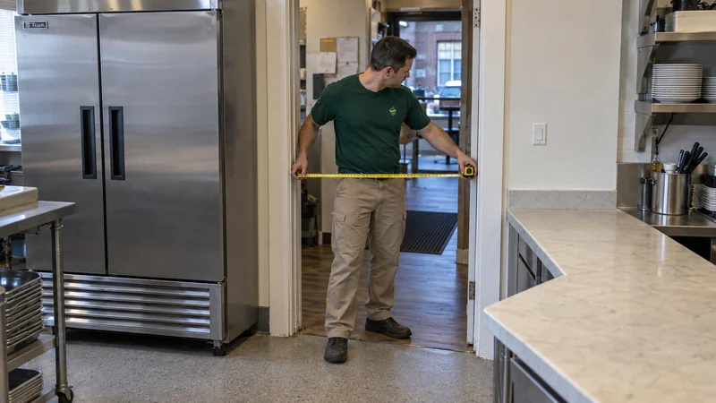 Present extraction route governs the carry A mover measures the current kitchen exit with a refrigerator and fixed counter nearby