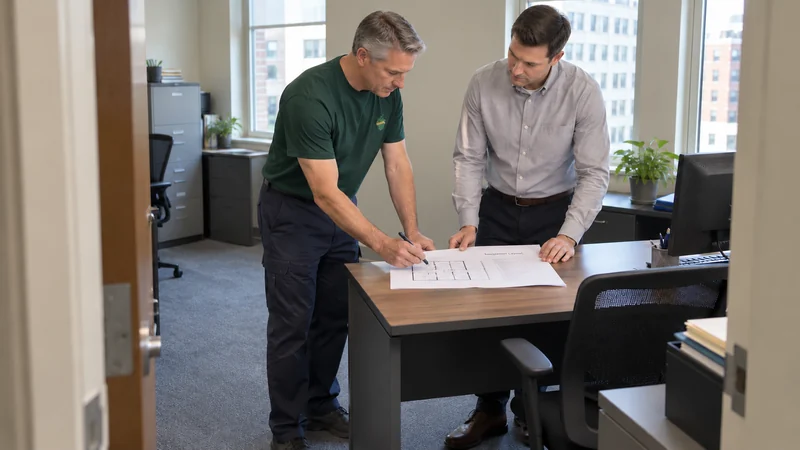 Coordinate the receiving layout A mover and office manager check a shared receiving layout in a practical downtown office