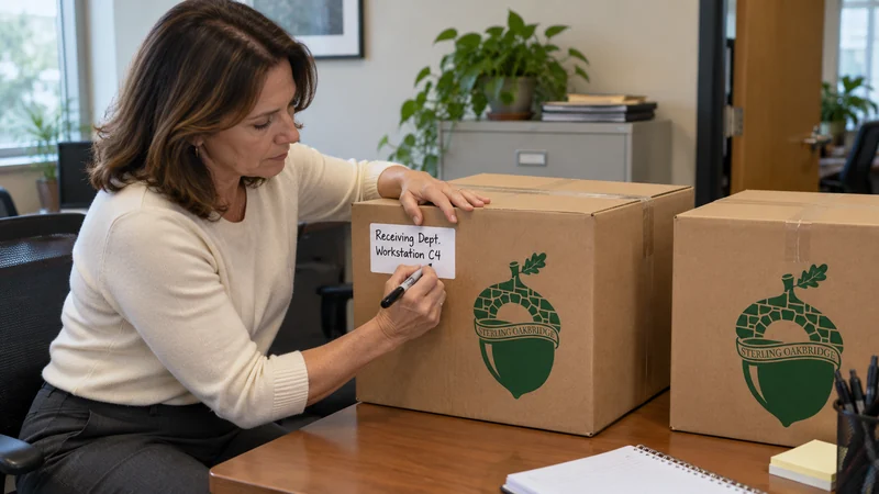Employee destination labeling An office employee labels sealed personal desk cartons for the receiving workstation