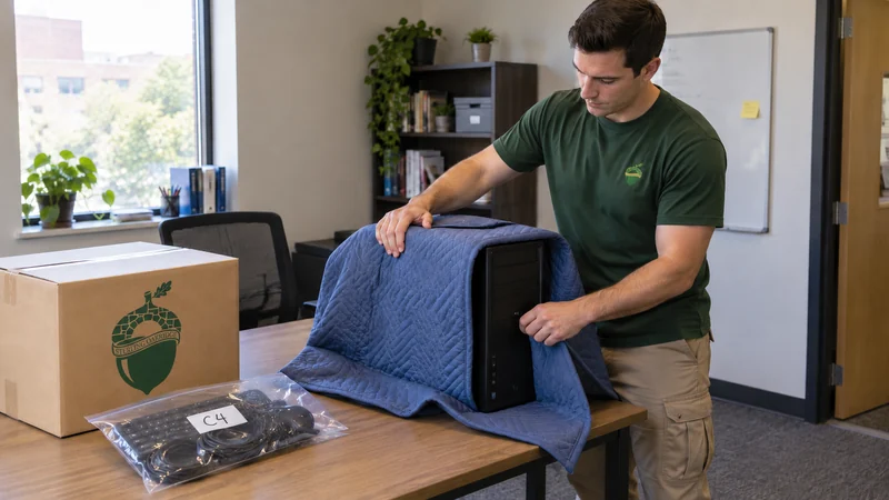 Equipment and accessories remain identifiable A mover protects a desktop computer tower while matching accessories remain grouped for workstation C4