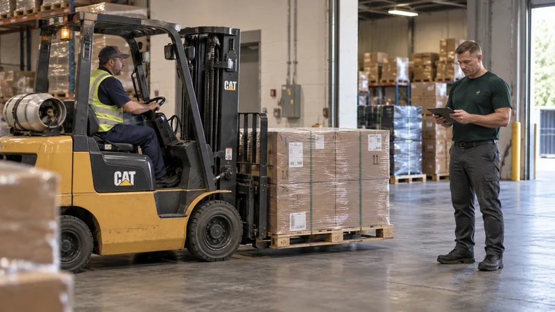 Customer loads suitable palletized stock A customer forklift operator handles a low pallet while the driver checks the prepared shipment