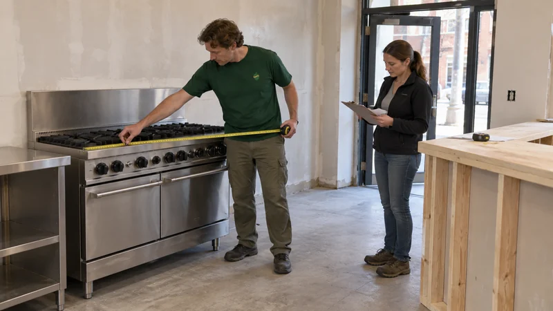 Present extraction route governs the carry A mover measures a stationary commercial range while the contractor checks a fit-out layout