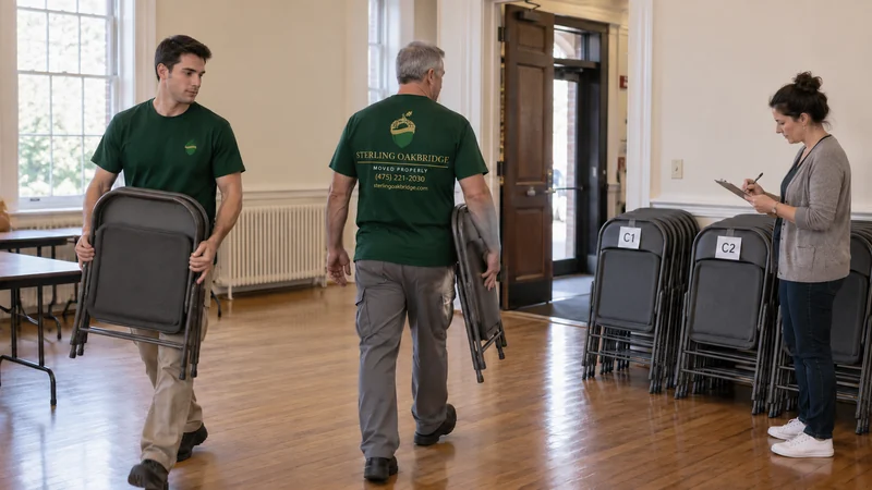 Temporary placement has a planned return Movers transfer identified modern event chairs while the coordinator checks their return plan