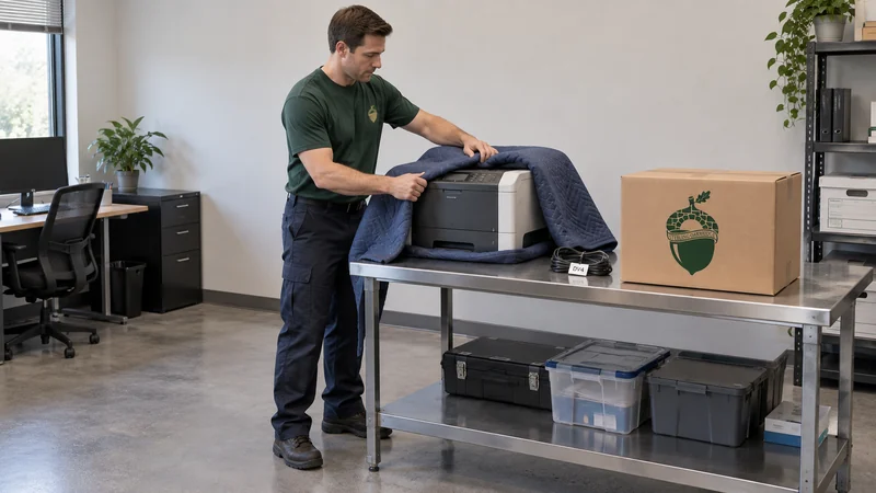 Equipment and accessories remain identifiable A mover prepares a supported powered-off printer with its accessories identified