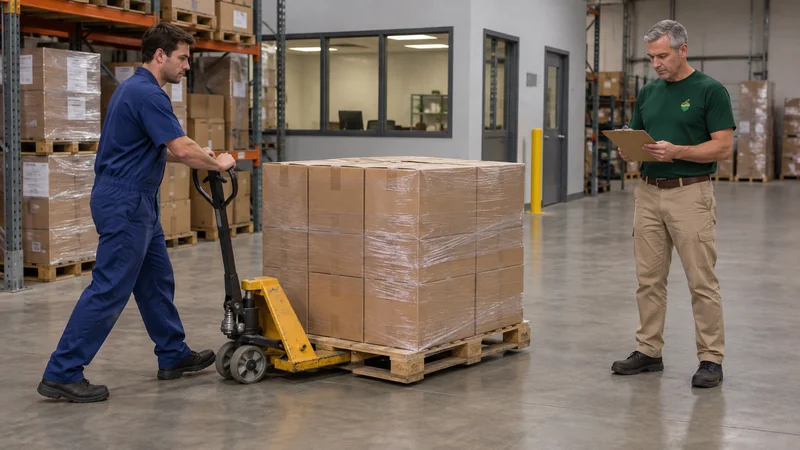 Customer loads suitable palletized stock A customer employee supports a prepared shipping pallet while the driver checks its inventory group