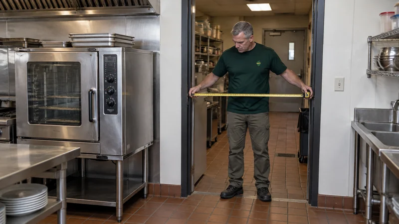 Present equipment extraction route A mover surveys a restaurant doorway beside a stationary commercial oven
