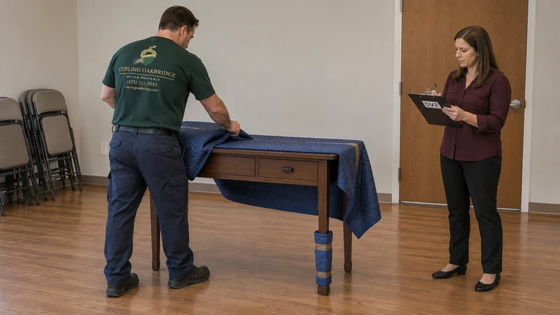 Temporary placement has a planned return A mover prepares a customer-owned event furnishing while the organizer checks its return identifier