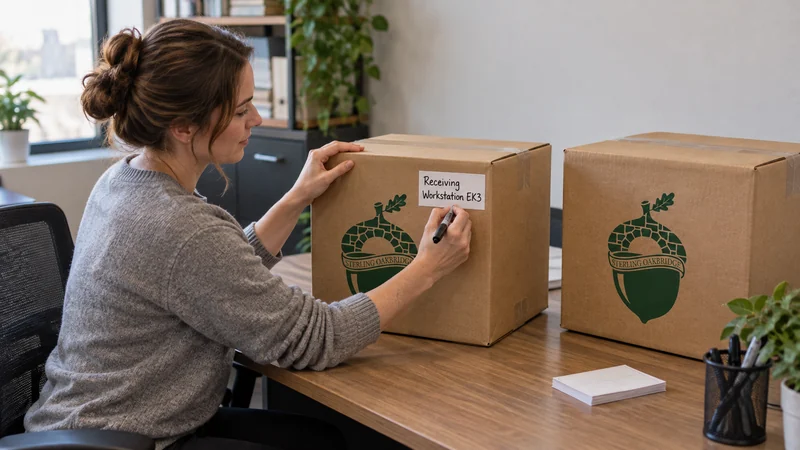 Employee destination labeling An employee labels sealed desk cartons for receiving workstation EK3
