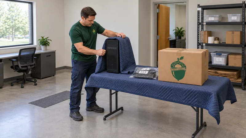 Equipment and accessories remain identifiable A mover protects a powered-off computer tower while its matching accessories remain grouped