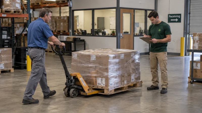 Customer loads suitable palletized stock A customer employee operates a pallet jack while the driver checks a prepared stock shipment