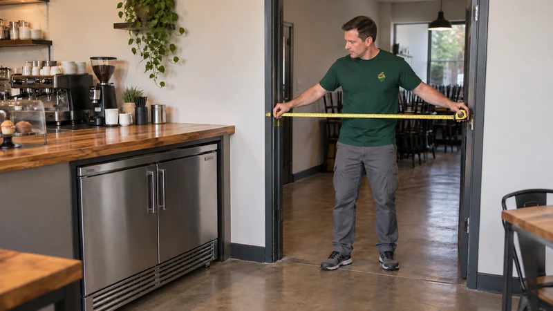 Present extraction route governs the carry A mover measures a cafe doorway with a fixed counter and stationary refrigerator nearby