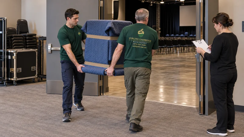 Temporary placement has a planned return A two-person crew carries a protected event lectern while the receiver checks its assigned position