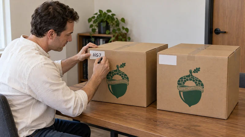 Employee destination labeling An employee labels sealed desk cartons for destination HG7