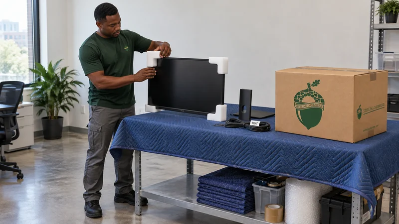 Equipment and accessories remain identifiable A mover prepares a supported powered-off monitor with its matching accessories identified