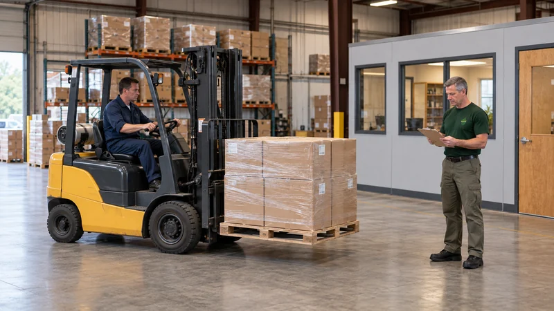 Customer loads suitable palletized stock A customer employee supports a prepared stock pallet while the driver checks the release list