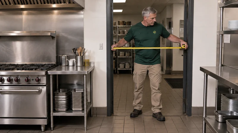 Present equipment extraction route A mover measures the current service doorway beside stationary restaurant equipment
