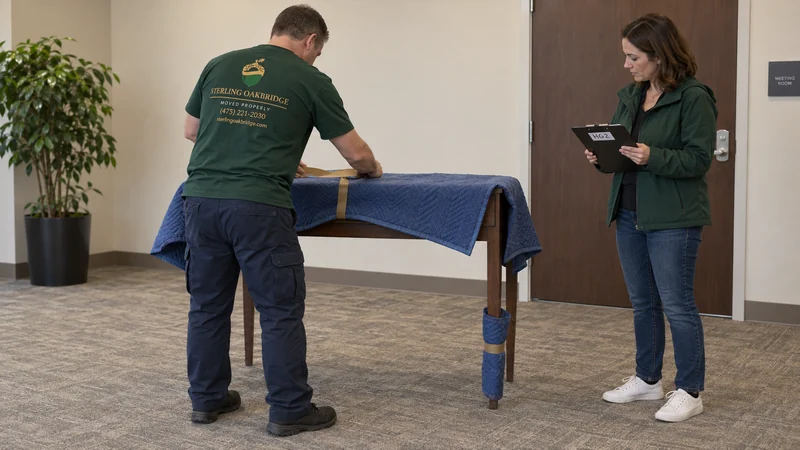 Temporary placement has a planned return A mover prepares identified ordinary event furniture while the receiver checks its placement and return group