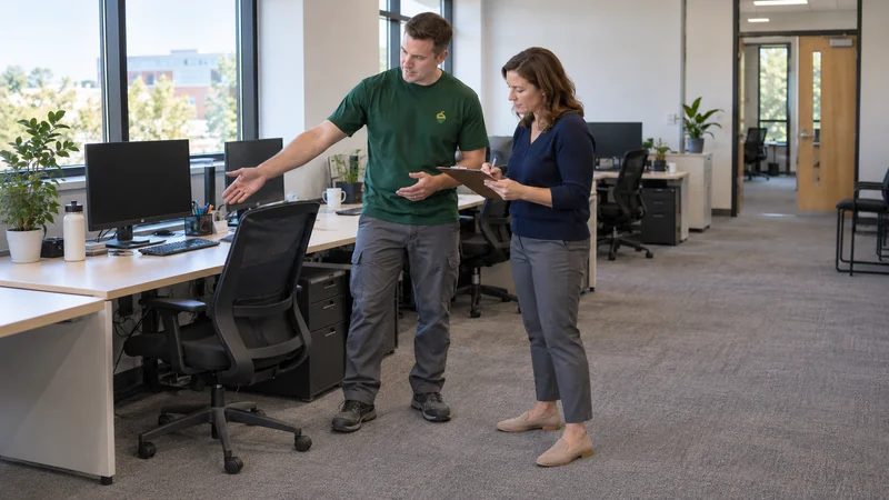 Coordinate the receiving layout A mover and business owner identify the authorized workstation inventory in a shared workspace