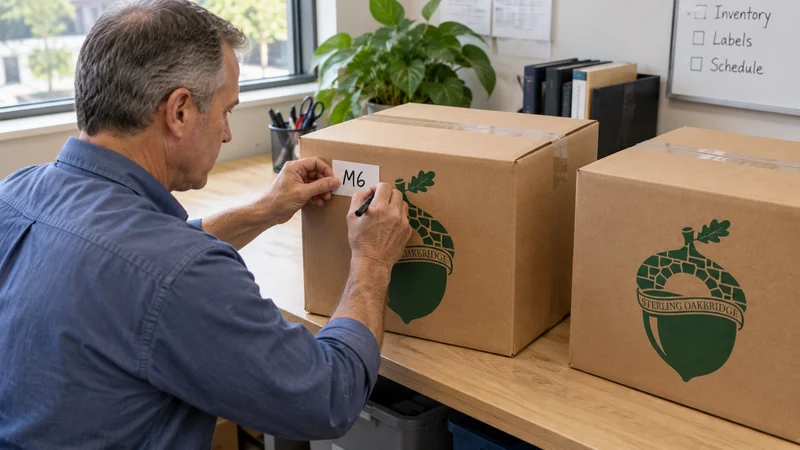 Employee destination labeling An employee labels sealed desk cartons for receiving workstation M6
