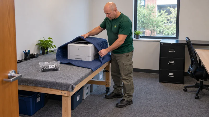 Equipment and accessories remain identifiable A mover protects a supported powered-off desktop printer beside its identified detached cable