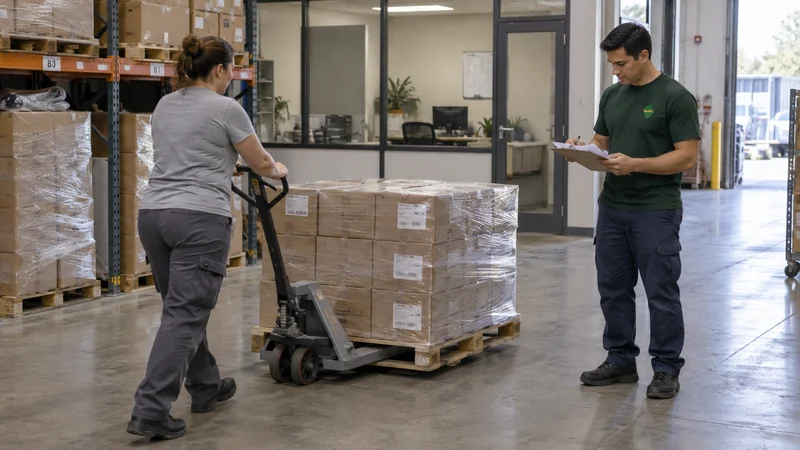 Customer loads suitable palletized stock A customer employee moves a prepared pallet while the driver checks the stock inventory
