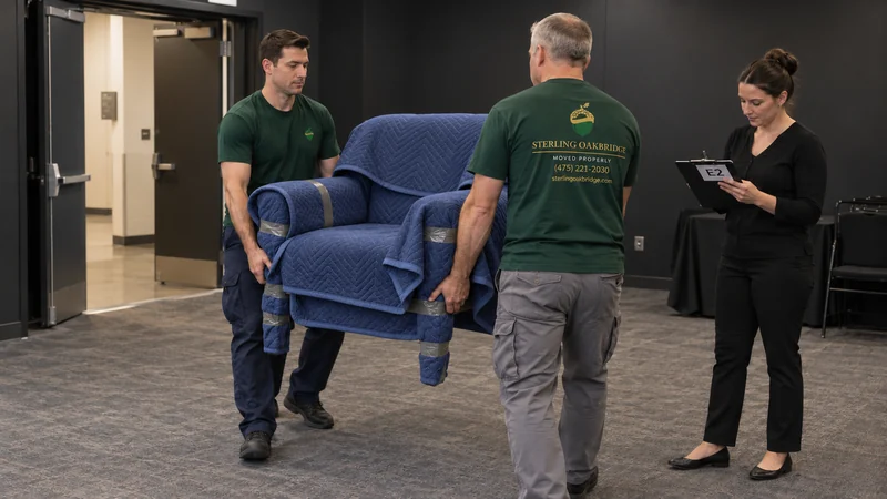 Temporary placement has a planned return A two-person crew carries a protected event chair while the receiver checks its assigned position