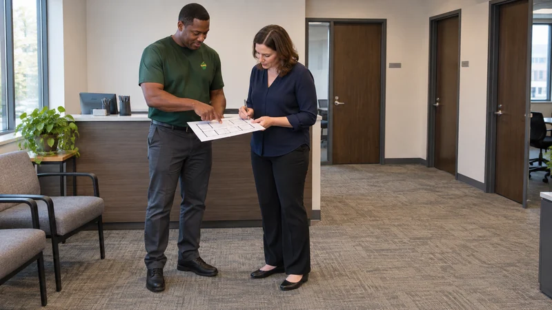 Coordinate the receiving layout A mover and coordinator align a departmental layout beside an office reception area