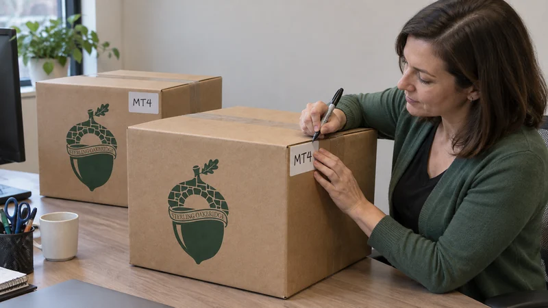 Employee destination labeling An employee labels sealed desk cartons for workstation MT4