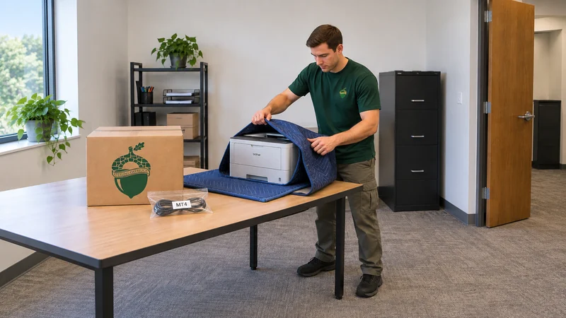 Equipment and accessories remain identifiable A mover protects a supported powered-off printer with its detached cable identified