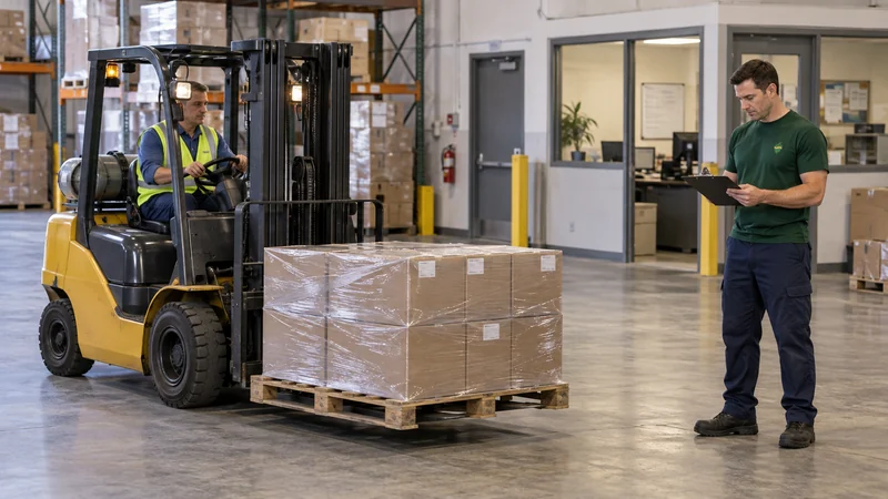 Customer loads suitable palletized stock A customer forklift operator supports a low prepared pallet while the driver checks the inventory