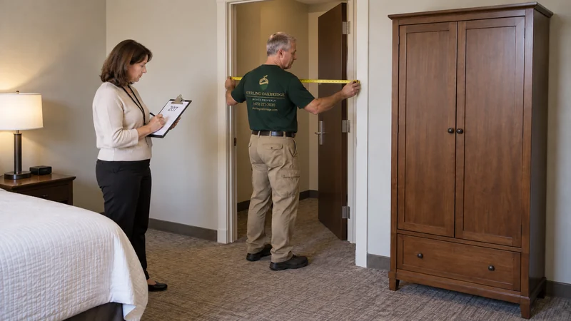 Present extraction route governs the carry A mover measures a hotel room doorway while the coordinator checks room 207’s furnishings
