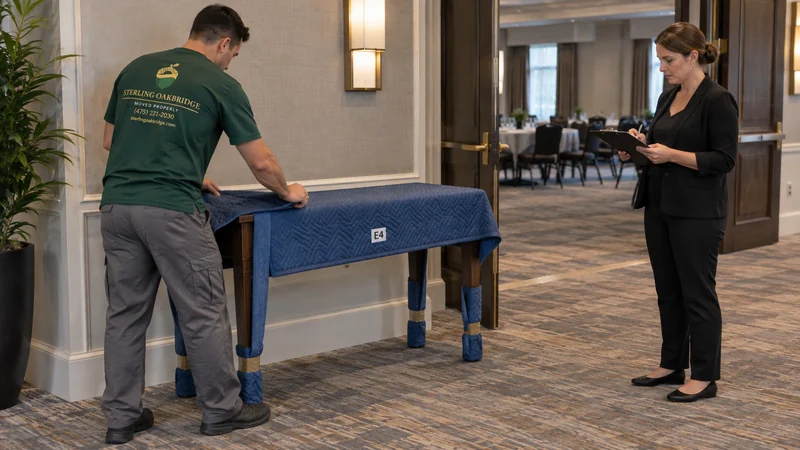 Temporary placement has a planned return A mover protects identified event furniture while the receiver checks its return layout