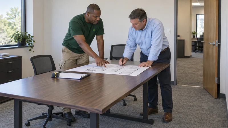 Coordinate the receiving layout A mover and facilities lead align the retained office inventory with the receiving layout
