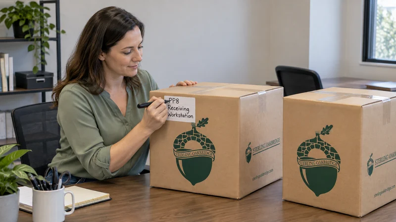 Employee destination labeling An employee labels sealed desk cartons for destination PP8