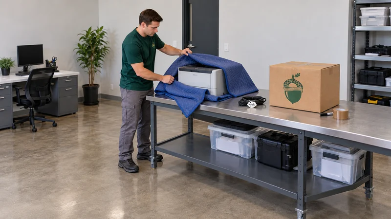 Equipment and accessories remain identifiable A mover protects a supported powered-off printer while keeping its accessories identified