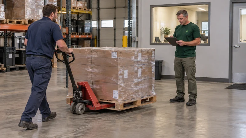 Customer loads suitable palletized stock A customer employee moves a prepared shipping pallet while the driver checks the stock list