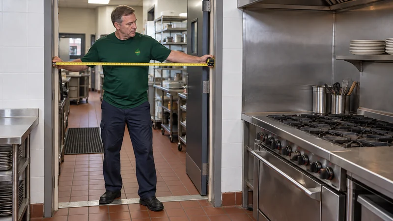 Present equipment extraction route A mover measures the present kitchen doorway beside stationary food-service equipment