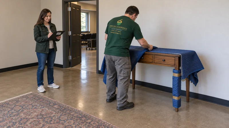 Temporary placement has a planned return A mover prepares identified ordinary event furniture while the receiver checks its return position