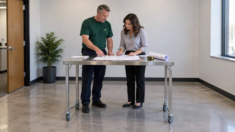 A mover and business lead coordinate the receiving office layout