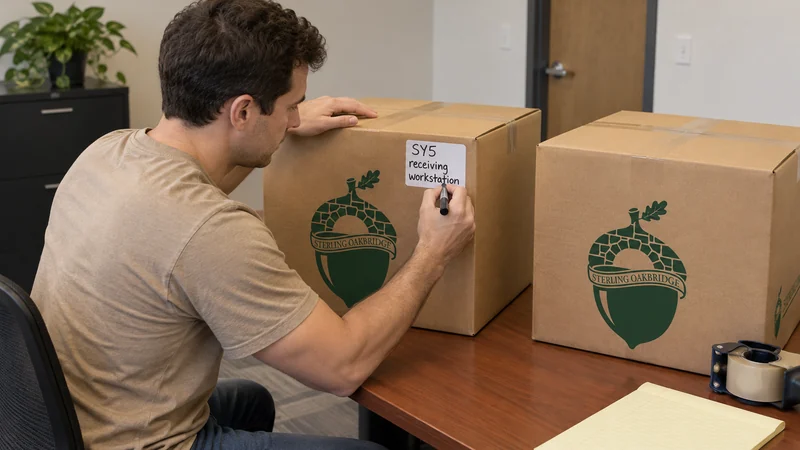 An employee labels sealed desk cartons for destination SY5