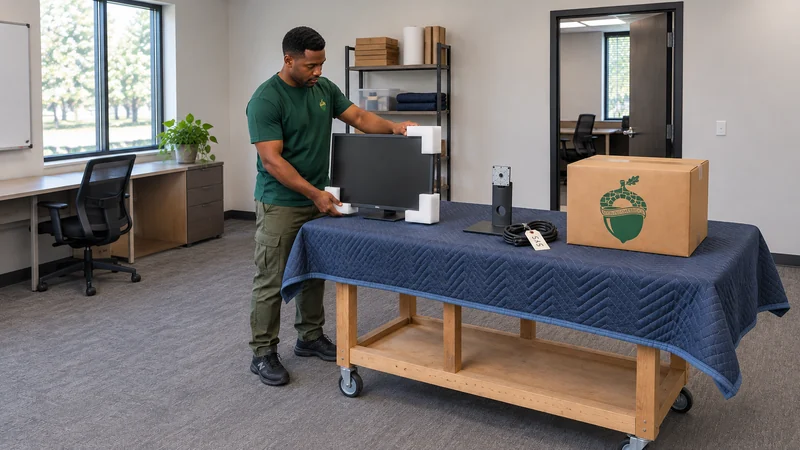 A mover prepares a supported powered-off monitor and keeps its accessories identified