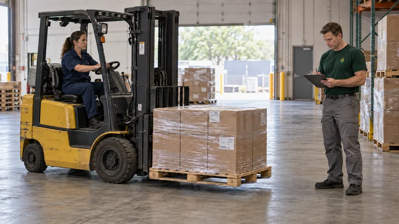 A customer operator supports prepared warehouse stock while the driver checks the collection group