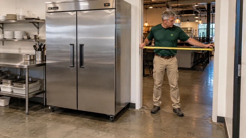 A mover checks the current kitchen exit beside a stationary commercial refrigerator