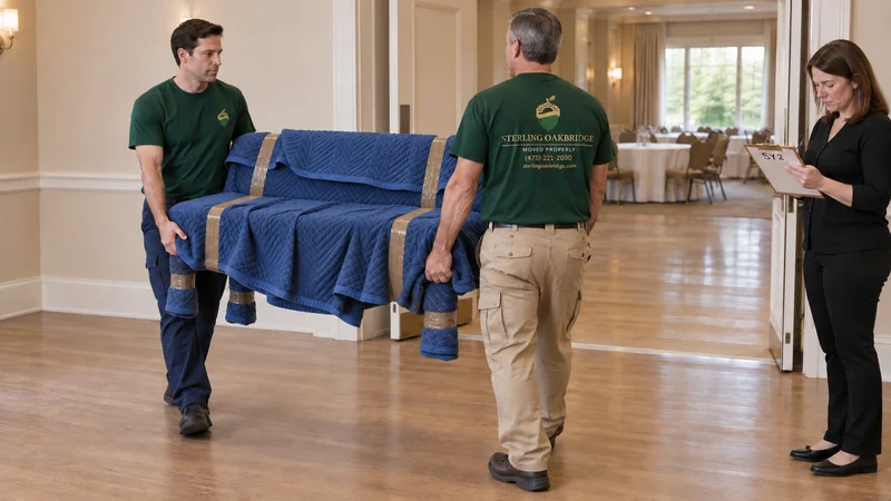 Two movers carry a protected event furnishing while the organizer checks its assigned return group