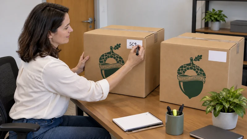 Employee destination labeling An employee labels sealed desk cartons for workstation SC9