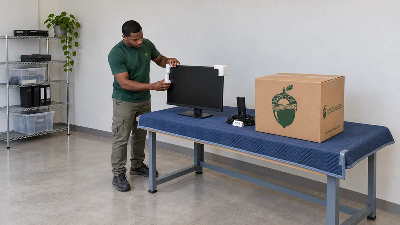 Equipment and accessories remain identifiable A mover fits protection to a supported powered-off monitor with its matching accessories identified