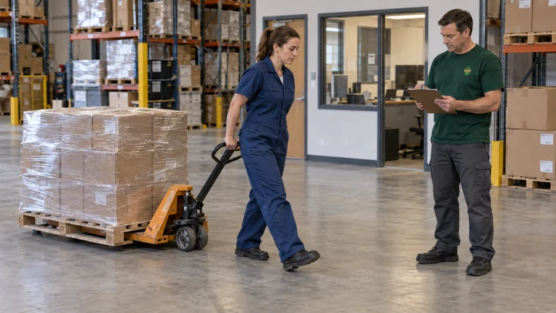Customer loads suitable palletized stock A customer employee supports prepared stock on a pallet jack while the driver checks the inventory